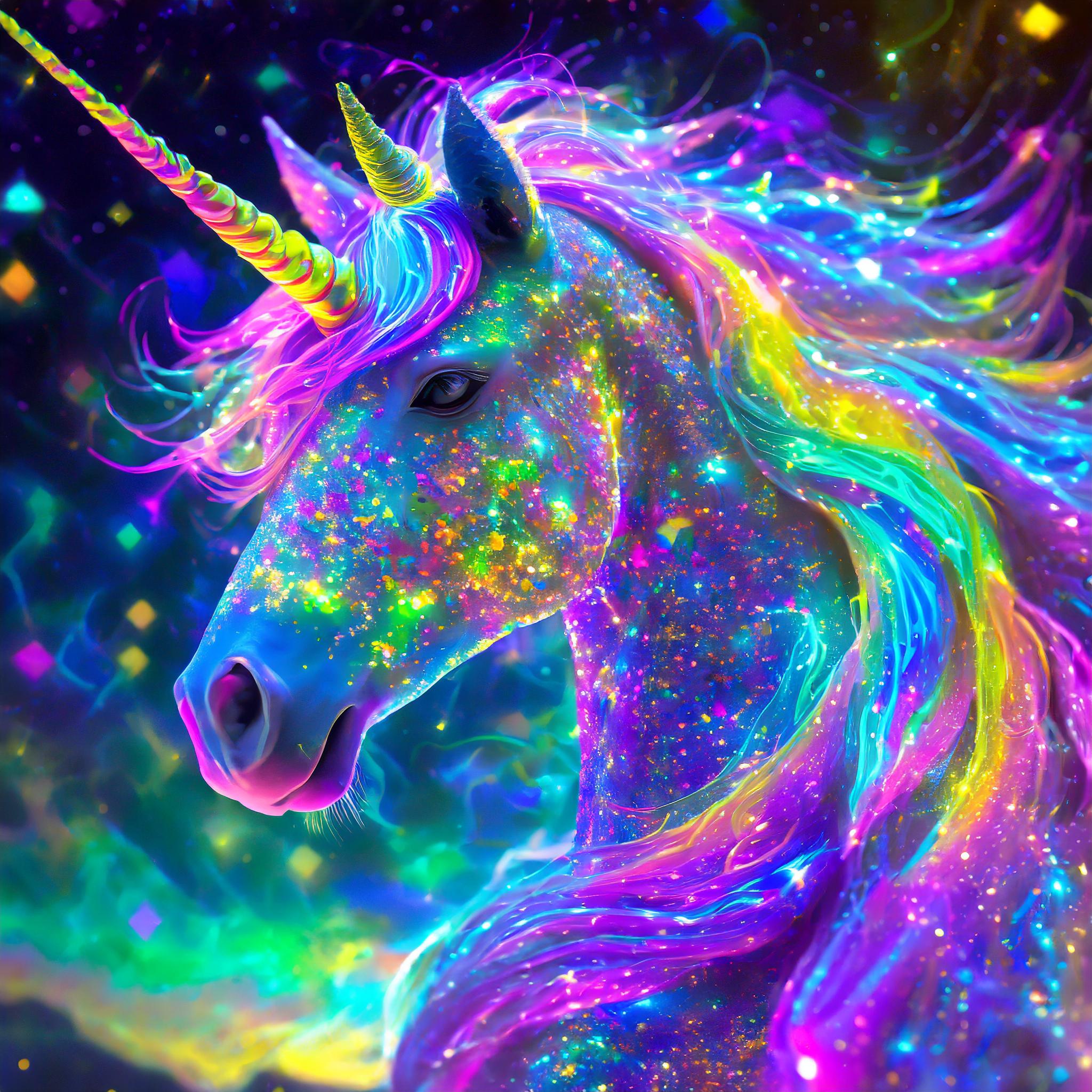 This is a beautiful unicorn with rainbow hair that glows and flows through the wind