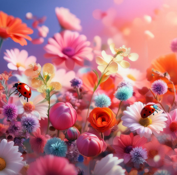 colorful flowers with ladybug.