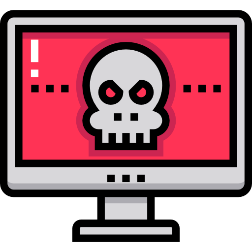 a picture of a computer monitor with a red screen and a skull in the middle